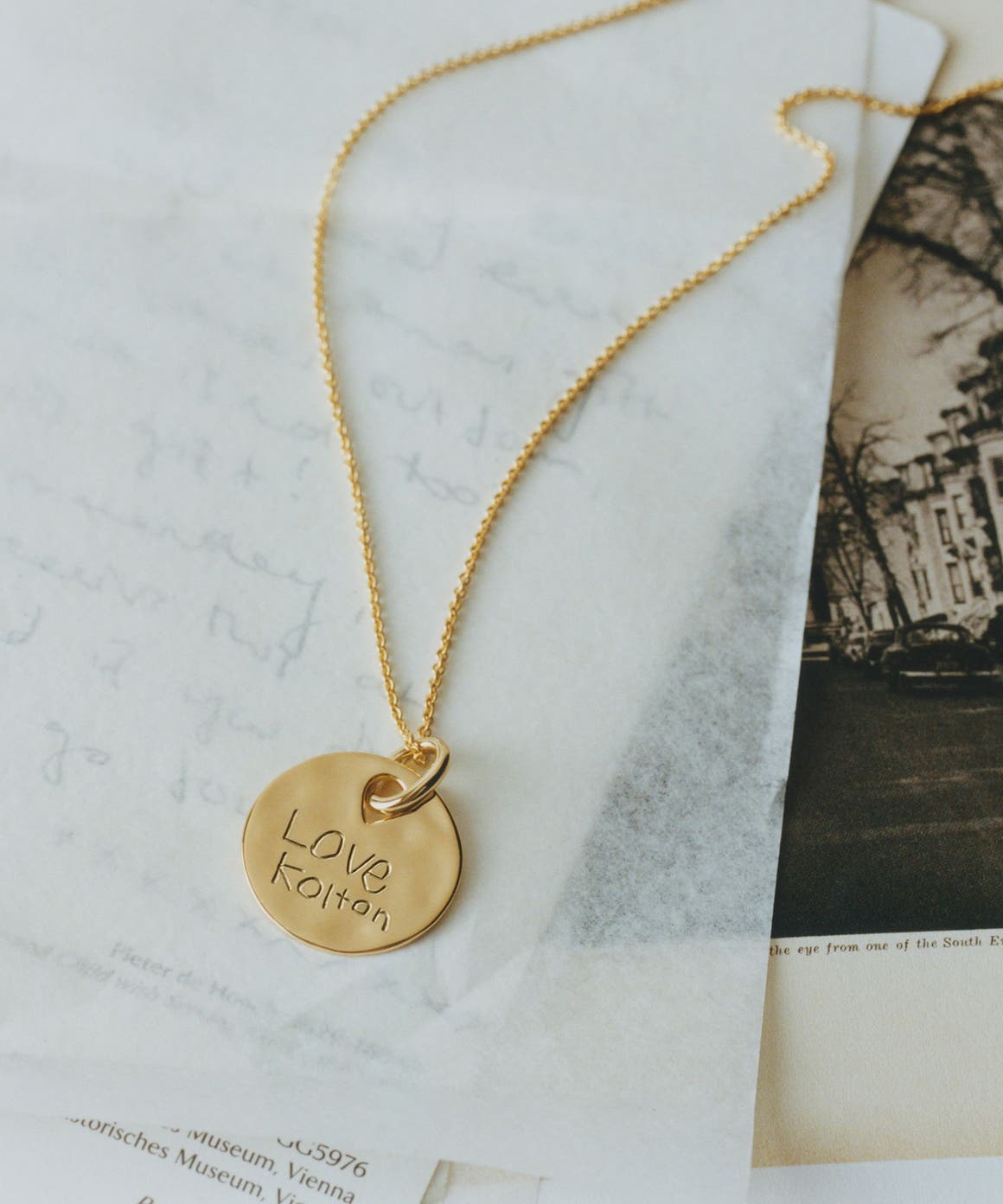 Monica Vinader engraved necklace.