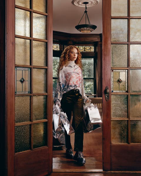 woman with gift bags.