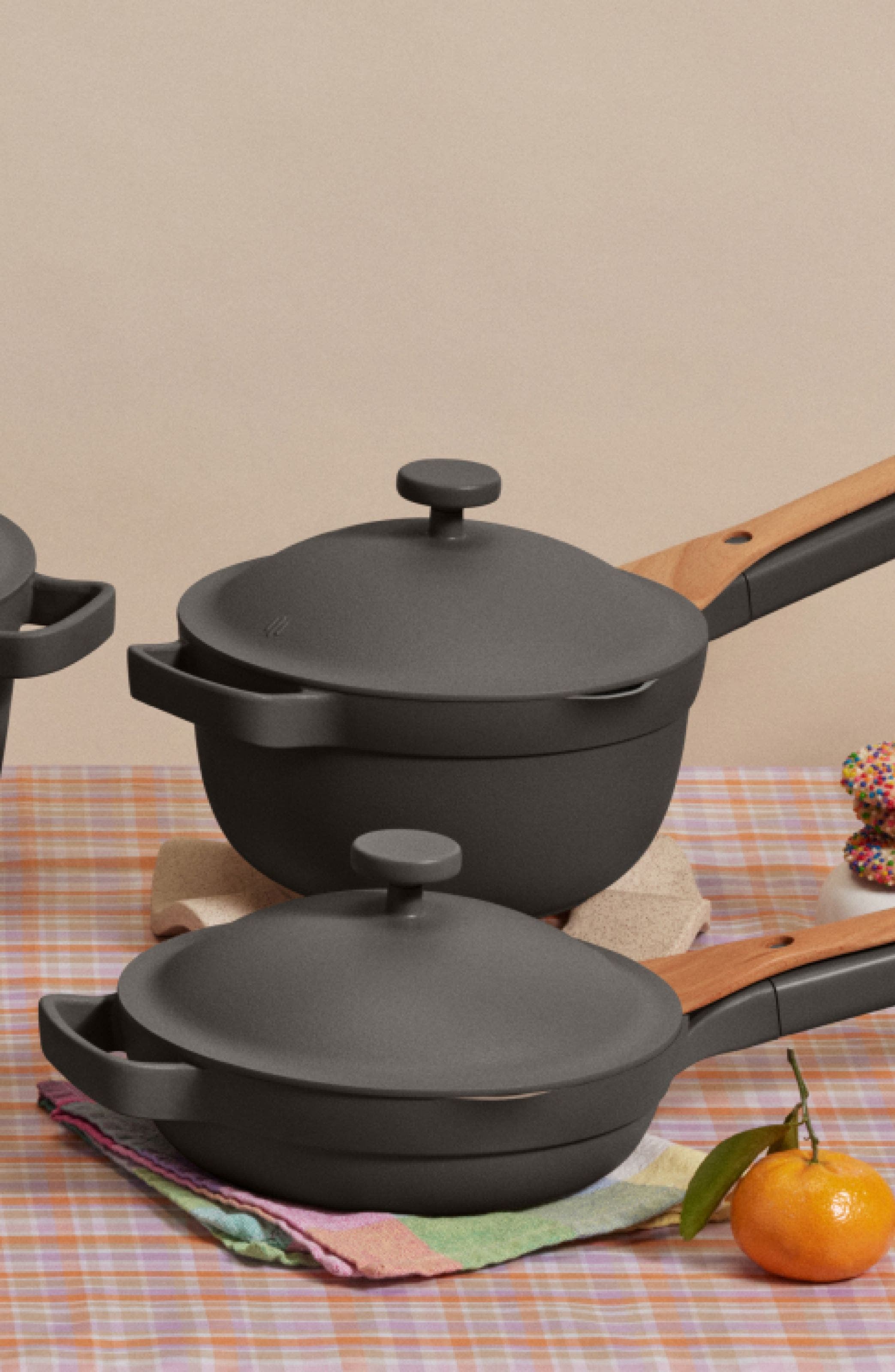 Pots and pans on a table. 