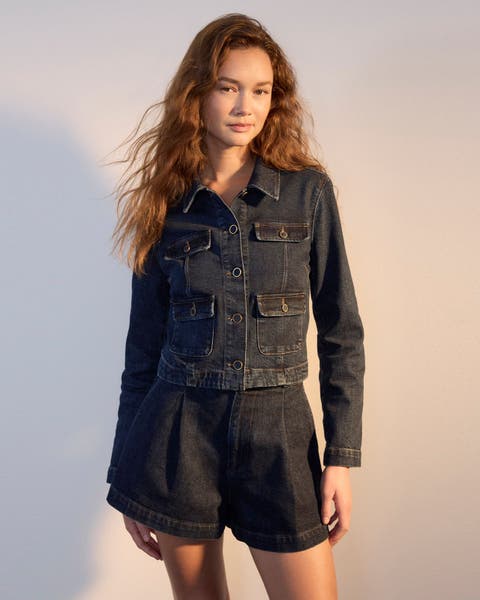 Woman wearing denim Paige set.