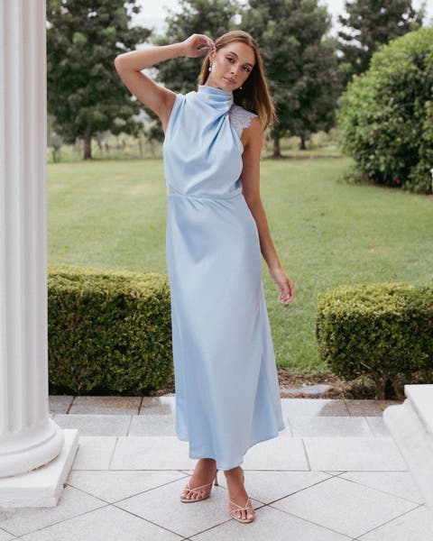 Women wearing light blue ankle length dress.