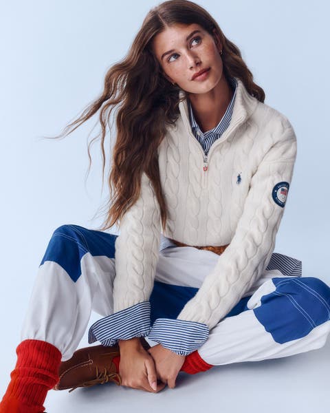 Model wearing Polo Ralph Lauren Olympics look