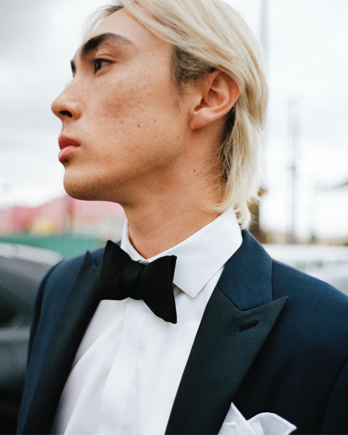 A man wearing a navy tuxedo, white dress shirt and black bow tie.