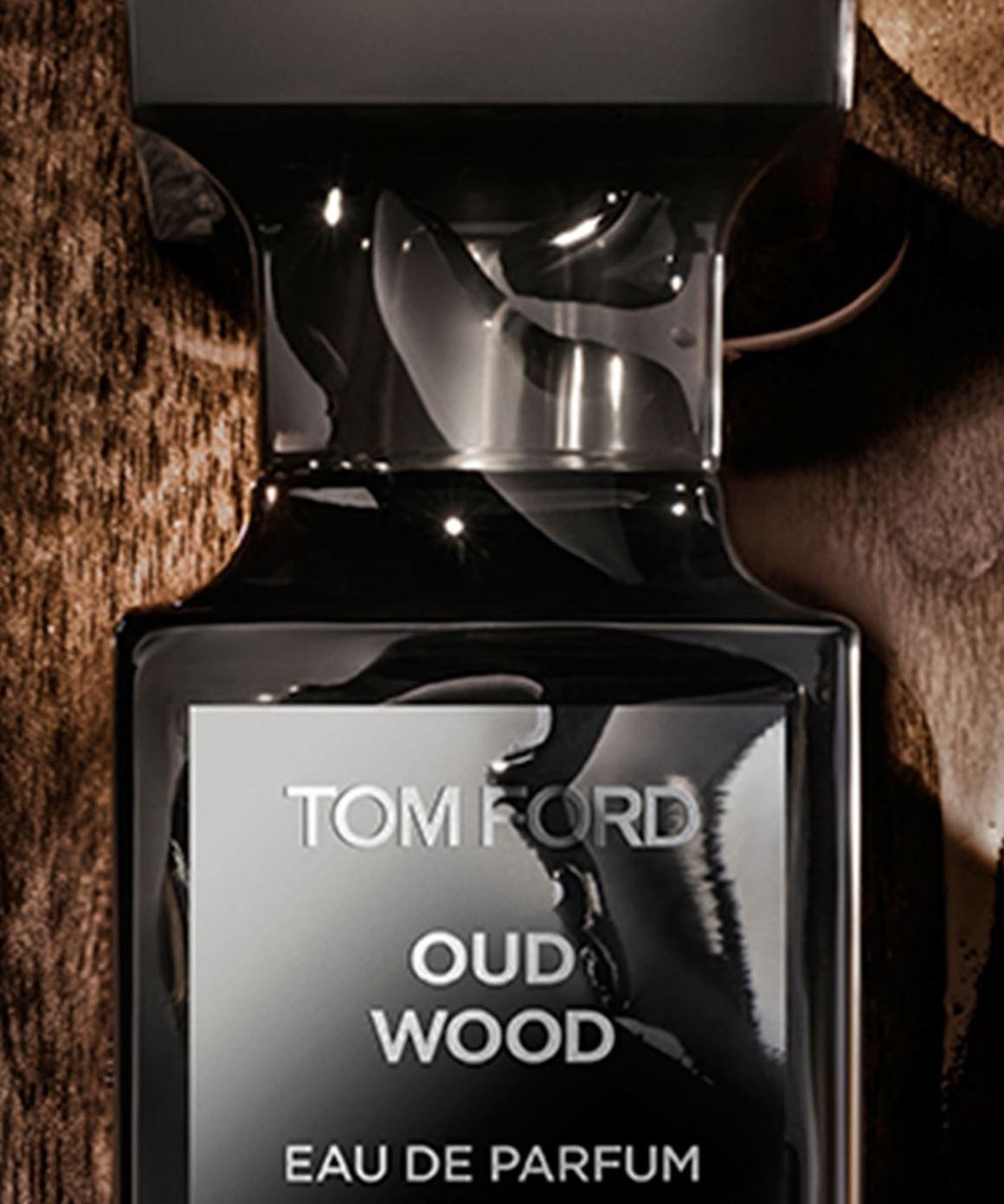 Bottle of Tom Ford's Oud Wood eau de parfum.