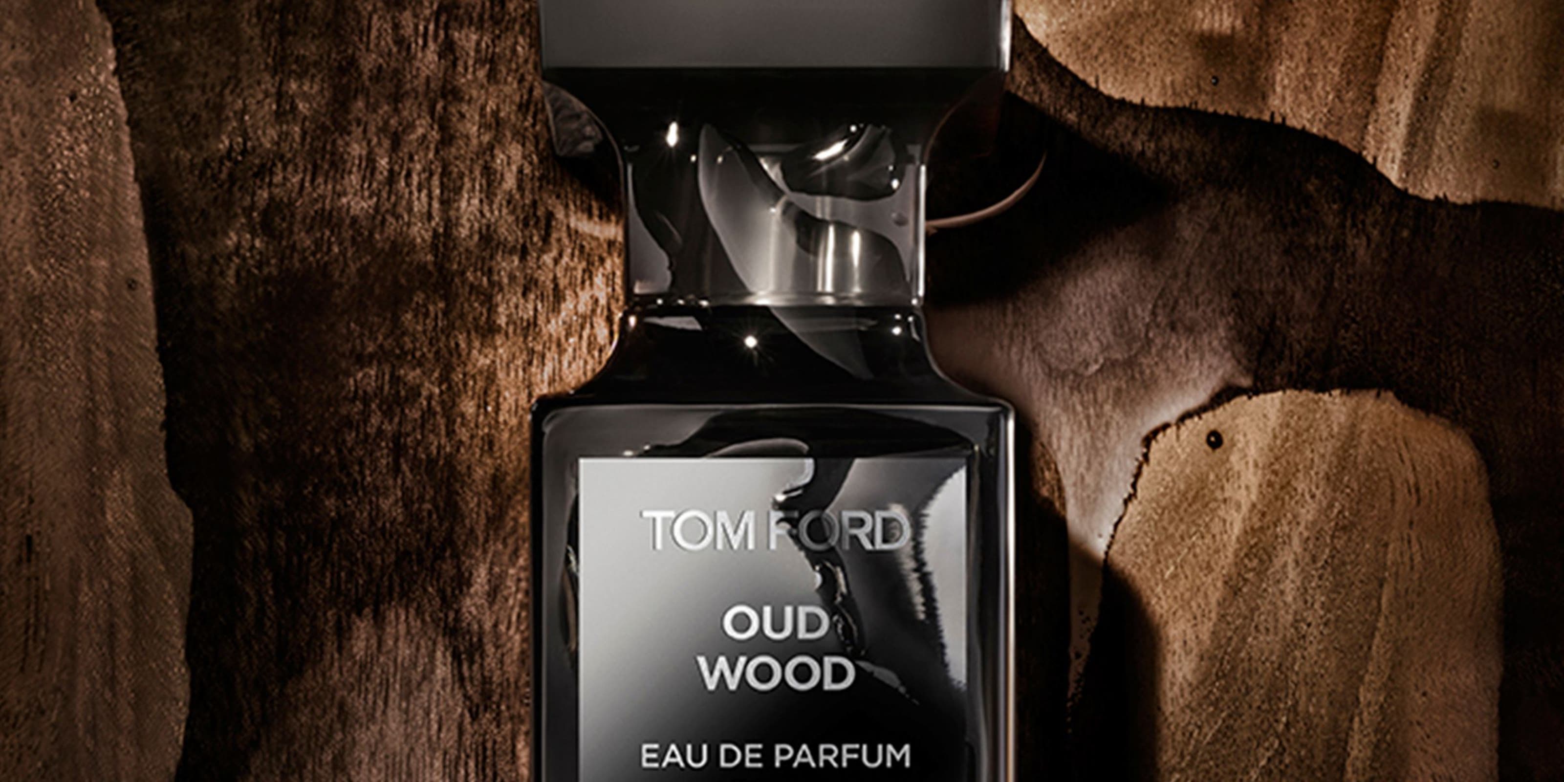 Bottle of Tom Ford's Oud Wood eau de parfum.