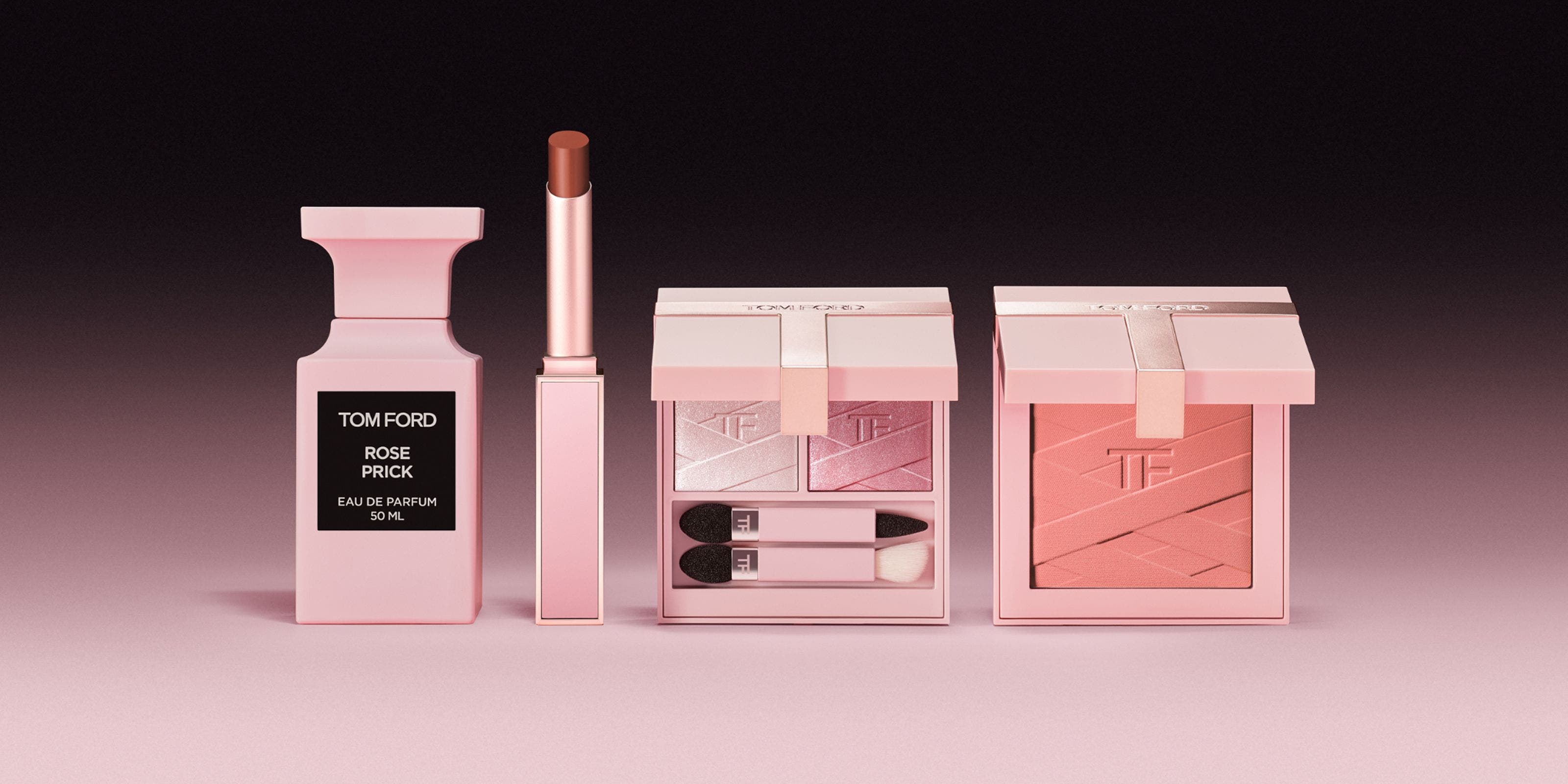 TOM FORD perfume, lipstick, eyeshadow palette and blush.