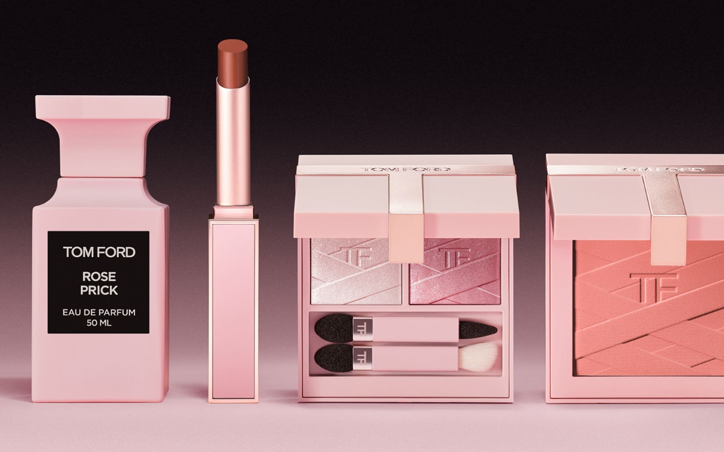 TOM FORD perfume, lipstick, eyeshadow palette and blush.