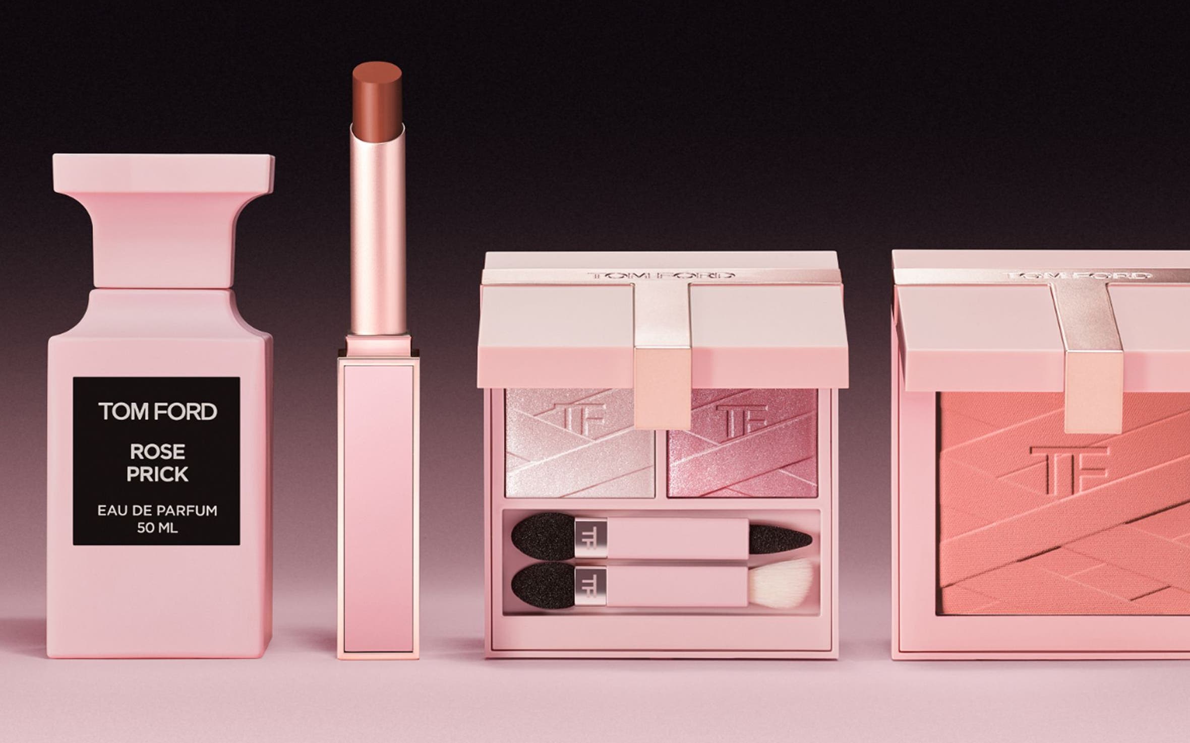 TOM FORD perfume, lipstick, eyeshadow palette and blush.