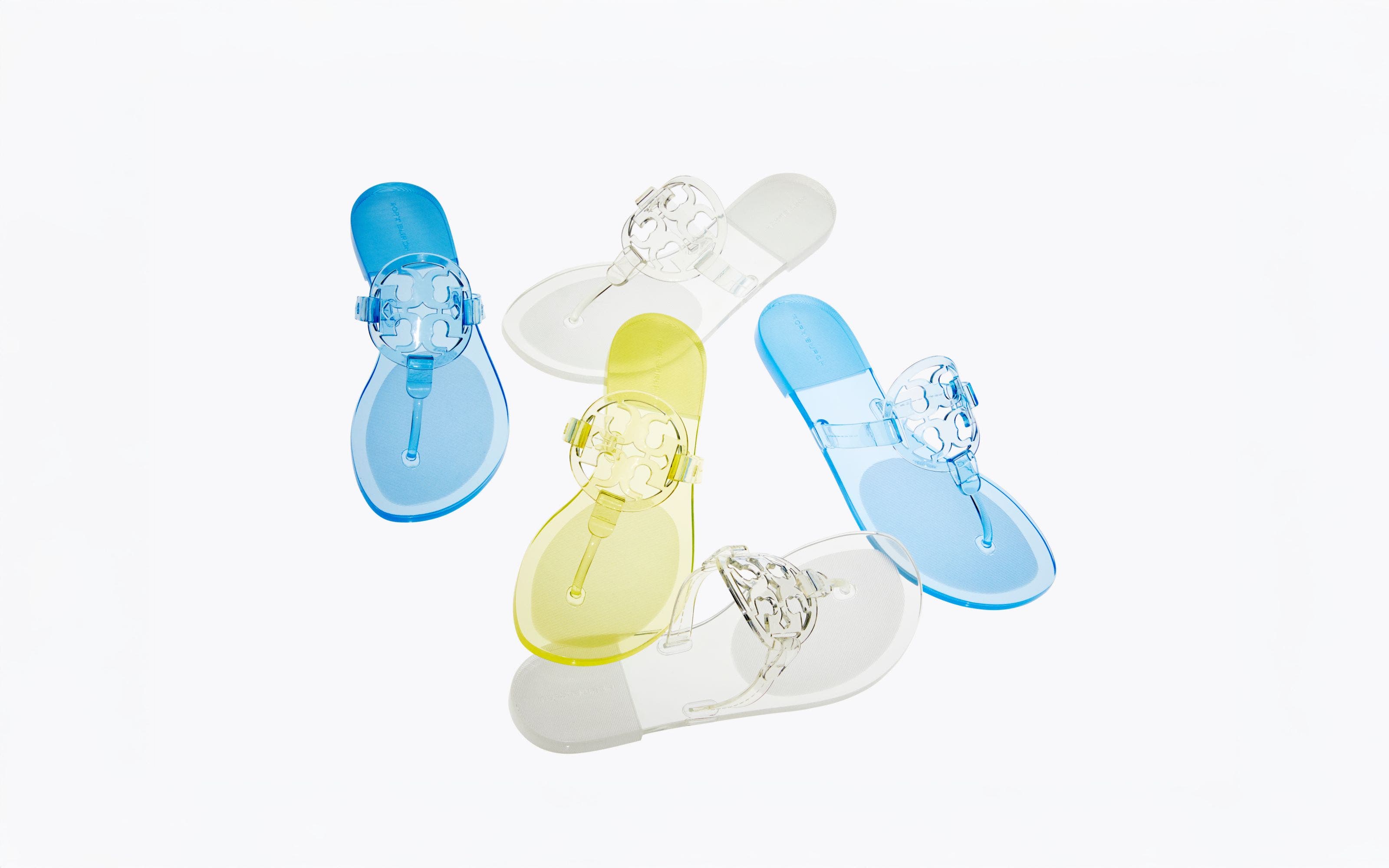 Tory Burch blue, clear and yellow jelly sandals