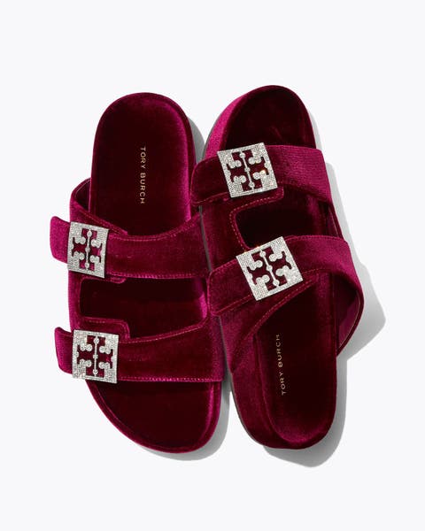 Maroon velvet Tory Burch slipper with silver hardware