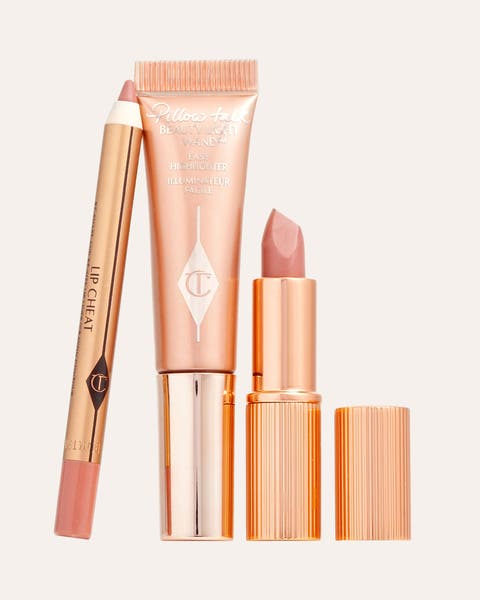 Charlotte Tilbury lip liner, lip gloss and lipstick in nude pink shades.
