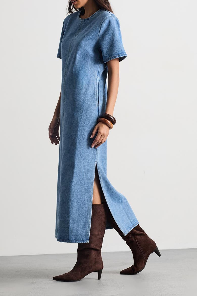 Petite Denim Side Split Midi Dress, Alternate, color, Dark Wash