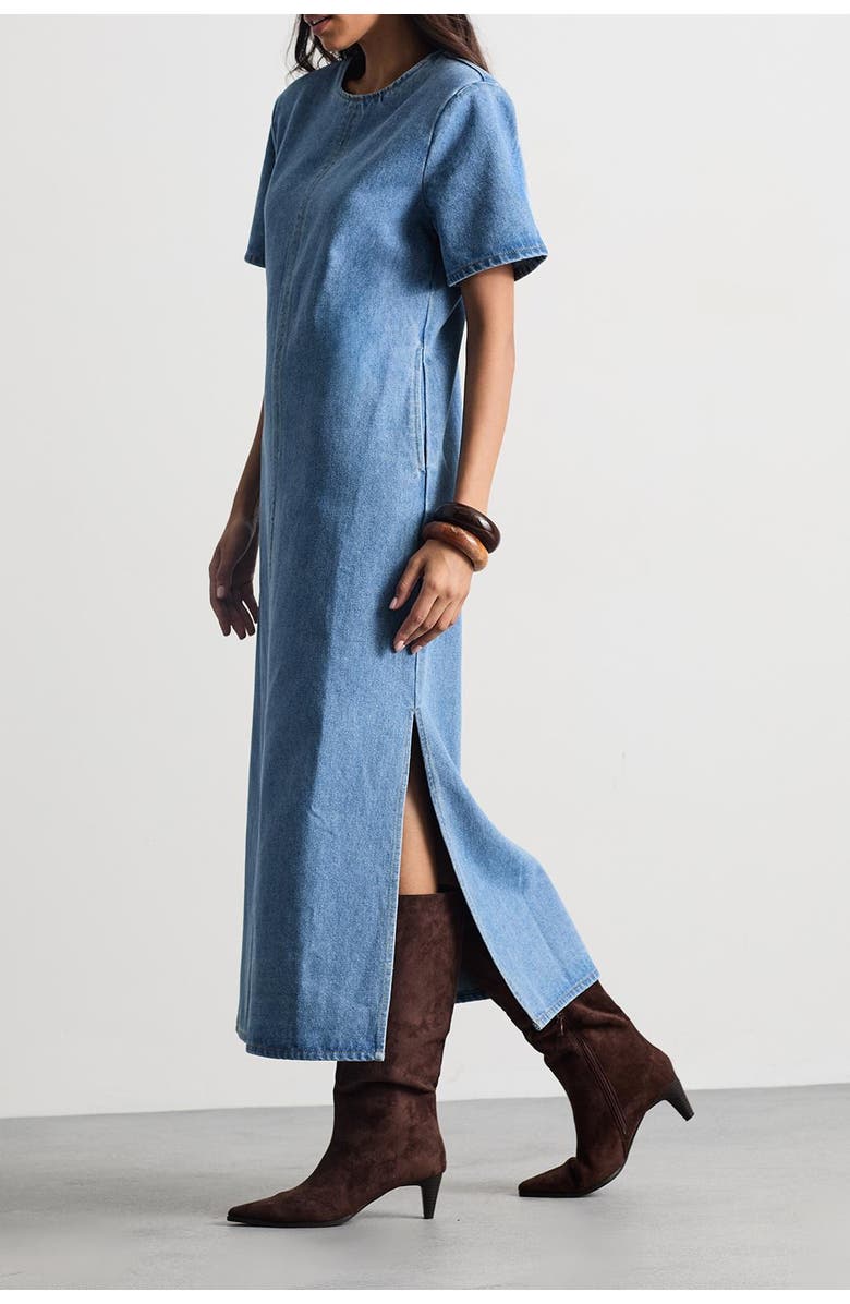 Warehouse Petite Denim Side Split Midi Dress, Alternate, color, Dark Wash