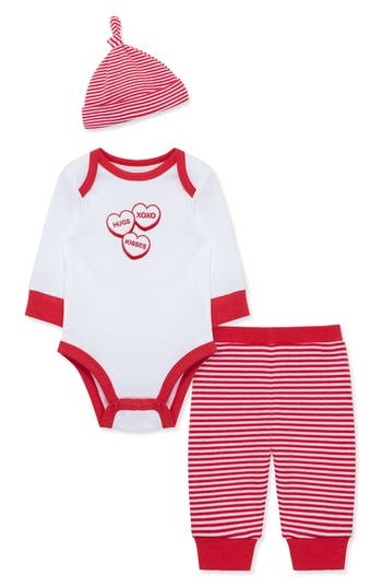 LITTLE ME LITTLE ME VALENTINE CANDY BODYSUIT, STRIPE JOGGERS & HAT SET 