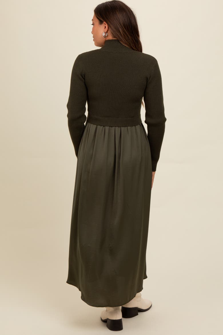 Knit Contrast Top Satin Midi Dress, Alternate, color, Olive Green