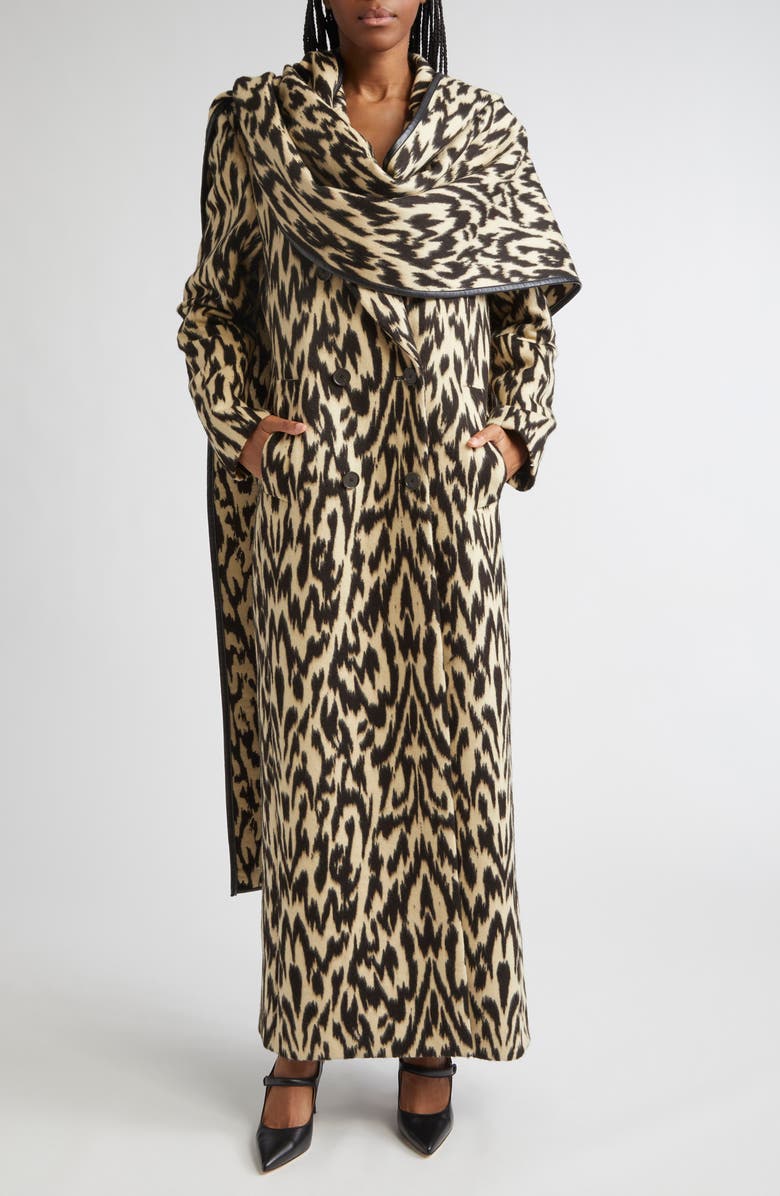 Brandon Maxwell The Demi Double Breasted Virgin Wool Coat with Scarf, Main, color, Abstract Leopard
