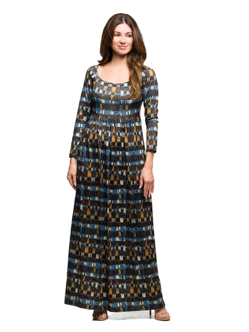 24seven Comfort Apparel Geometric Print Long Sleeve Empire Waist Maxi Dress In Blue