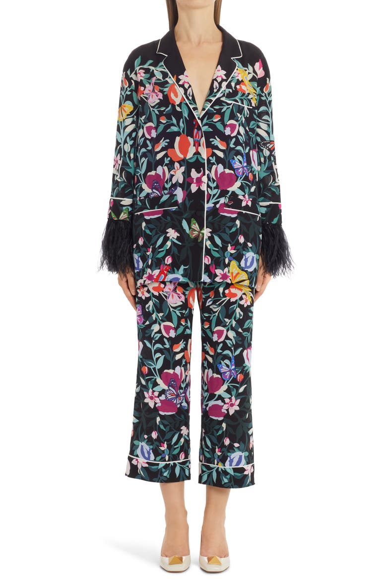 Flower Garden Print Silk Crêpe de Chine Pants, Alternate, color, NERO MULTICOLOR K92