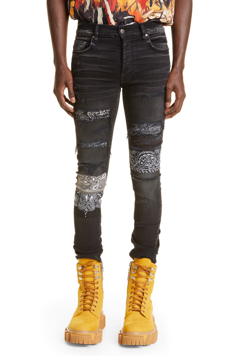 AMIRI Bandana Art Patch Thrasher Ripped Skinny Jeans, Main, color, 