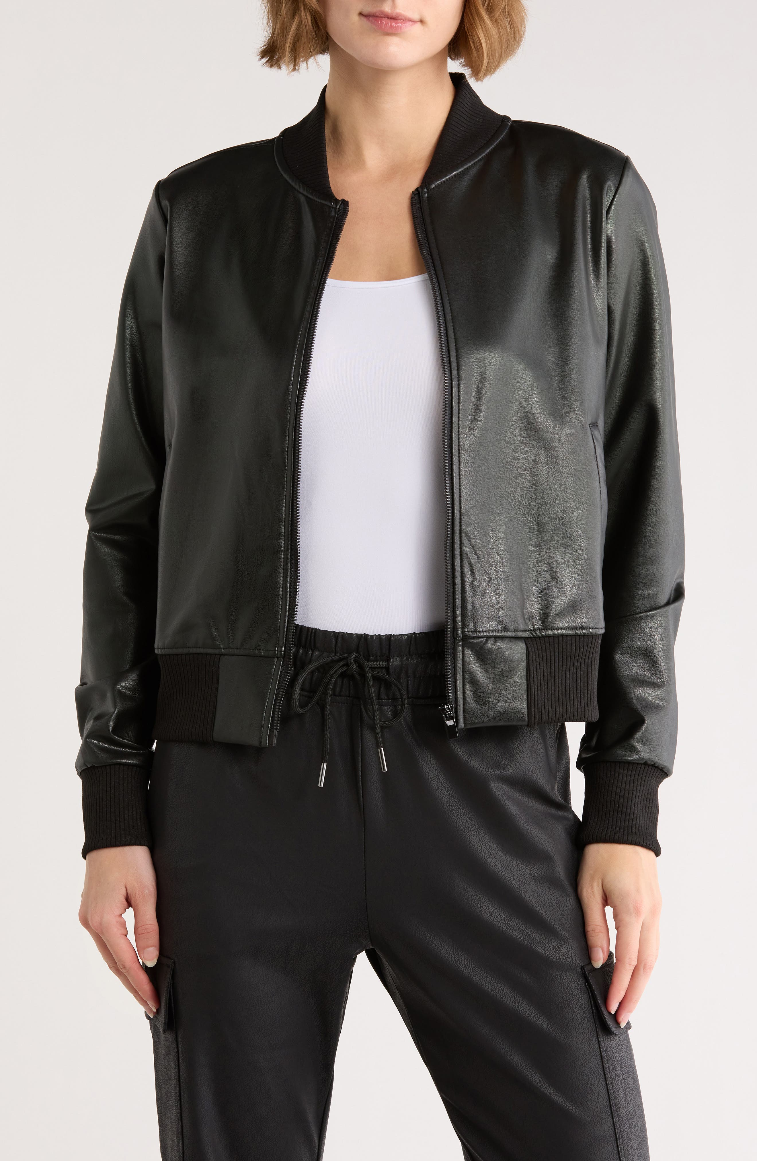 90 DEGREE BY REFLEX Faux Leather Crop Bomber Jacket