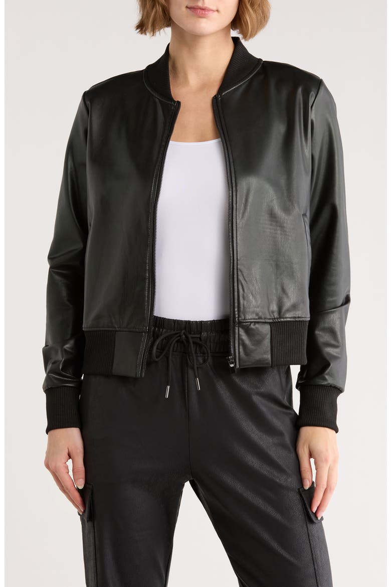 Faux Leather Crop Bomber Jacket, Main, color, BLACK