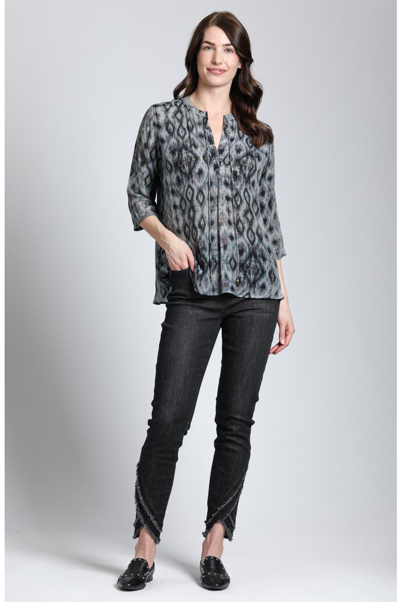 Print Tassel Split Neck Chiffon Top, Alternate, color, BLACK/GREY MULTI