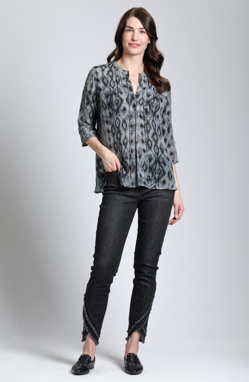Apny Print Tassel Split Neck Chiffon Top In Black/grey Multi