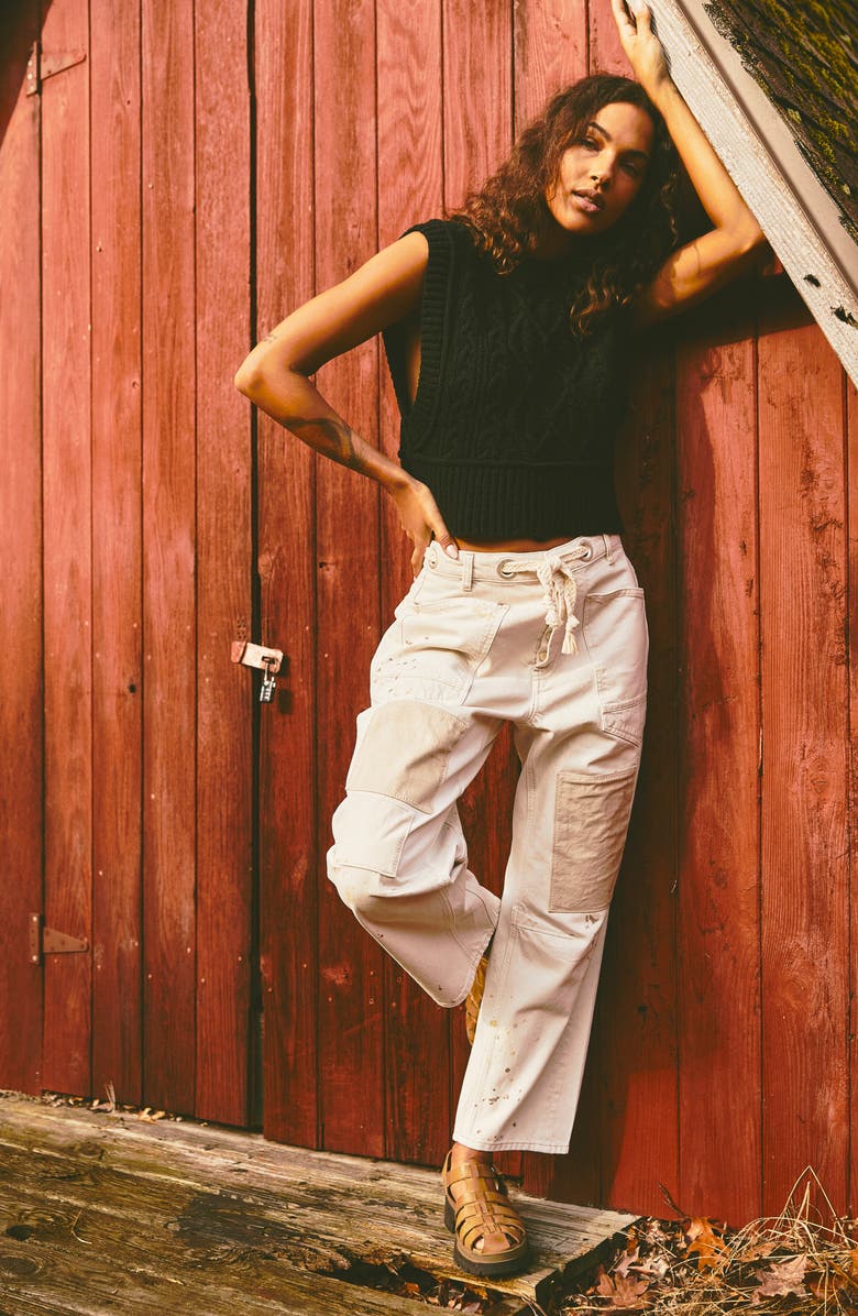 Free People Moxie Paint Fleck Cotton Utility Pants, Alternate, color, White