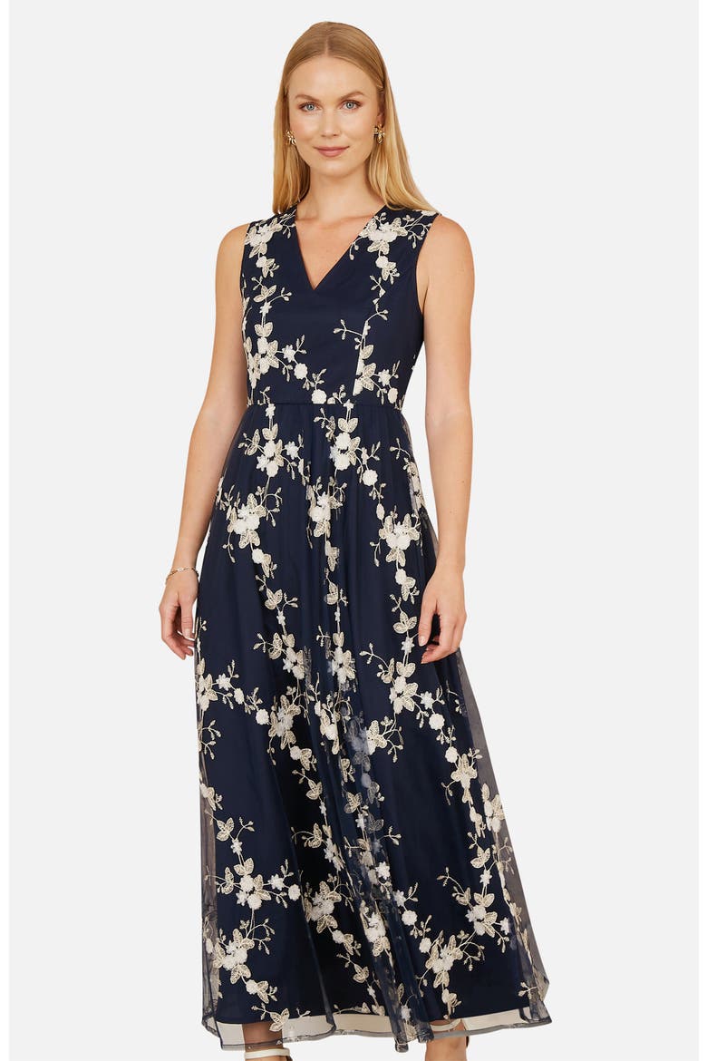 Mesh Embroidered Maxi Dress, Alternate, color, Navy