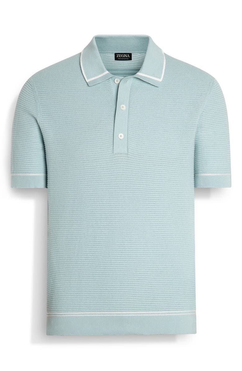 ZEGNA Premium Cotton Waffle Stitch Polo Sweater, Main, color, Aqua Solid