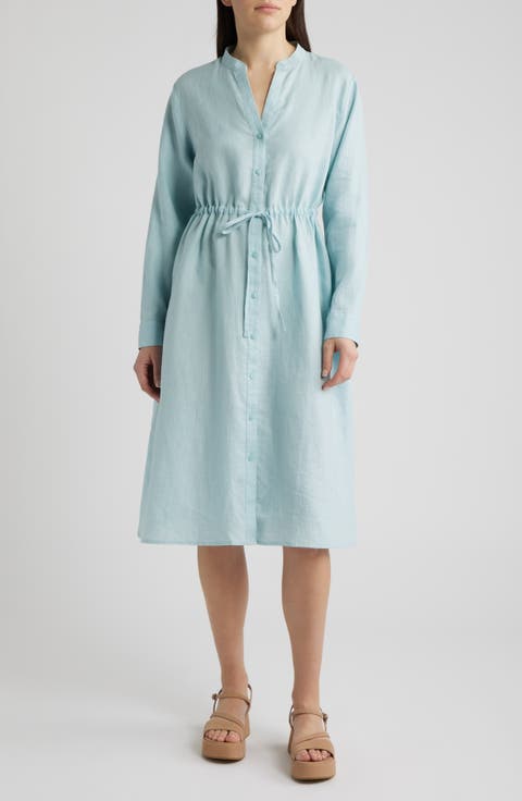 Mandarin Collar Long Sleeve Organic Linen Midi Shirtdress