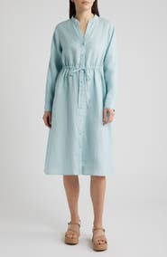 Eileen Fisher Mandarin Collar Long Sleeve Organic Linen Midi Shirtdress