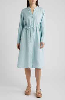 Mandarin Collar Long Sleeve Organic Linen Midi Shirtdress