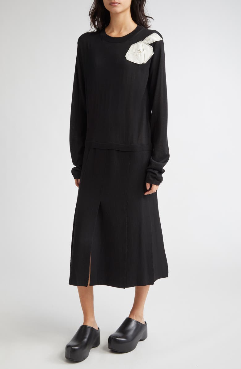 Marni Rose Appliqué Long Sleeve Virgin Wool & Silk Sweater Dress, Alternate, color, 00N99 Black