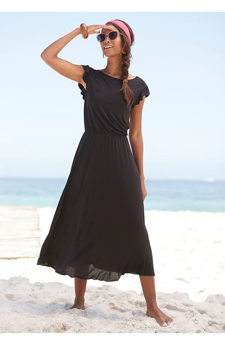 LASCANA Women's Flutter Sleeve Dress, Alternate, color, Black