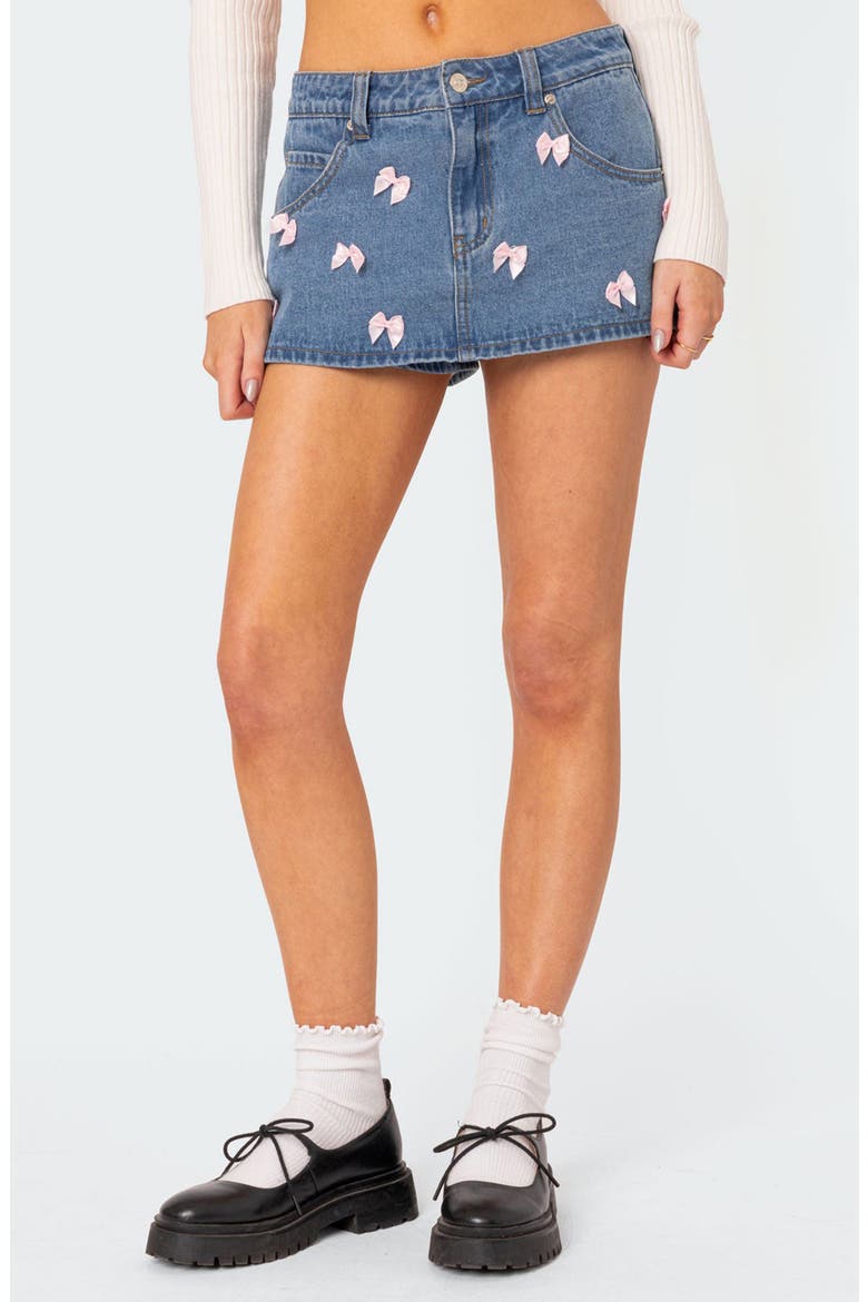 Alivia Satin Bow Denim Miniskort, Main, color, BLUE
