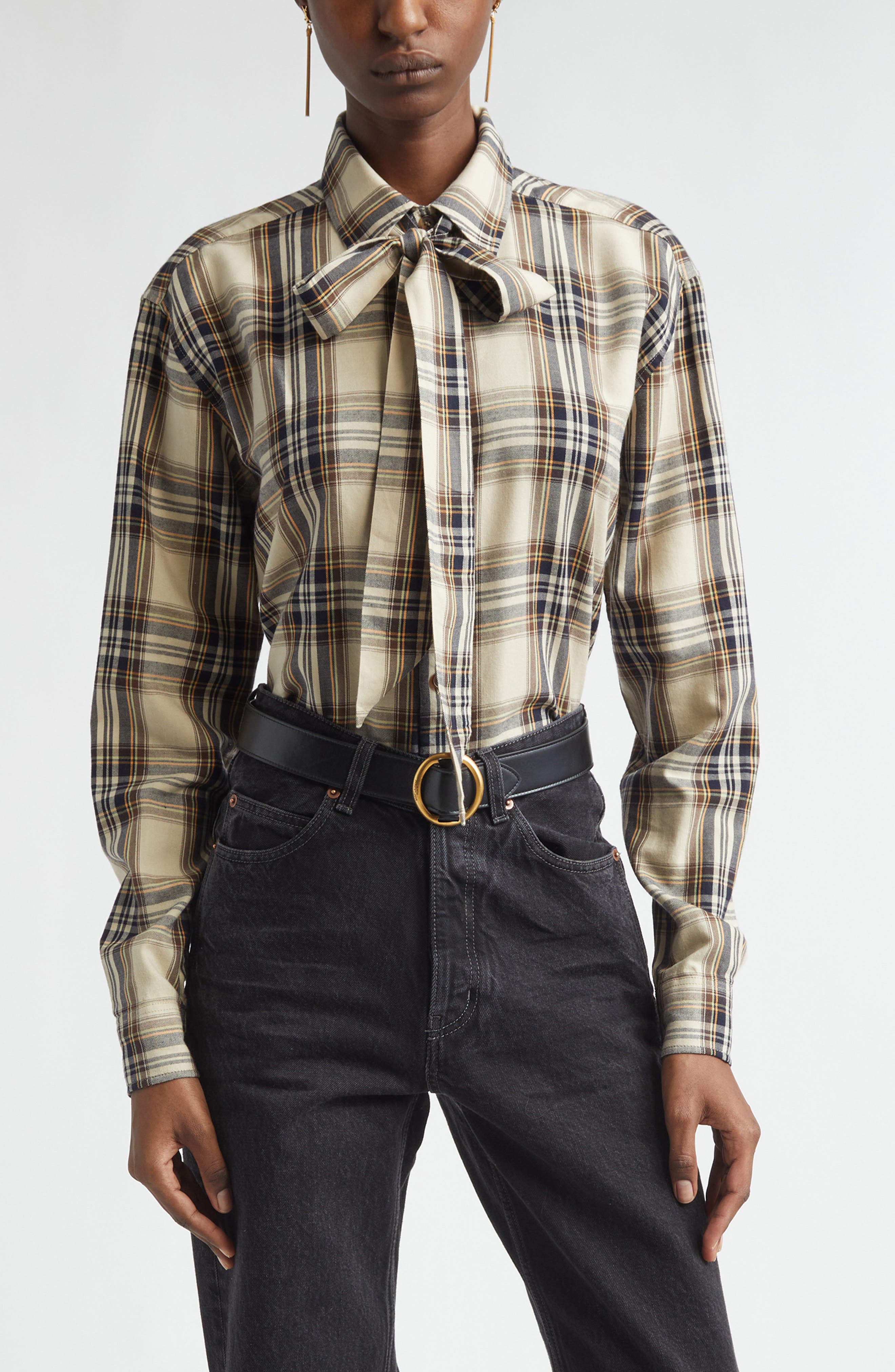 Relaxed Plaid Tie Neck Button-Up Shirt
