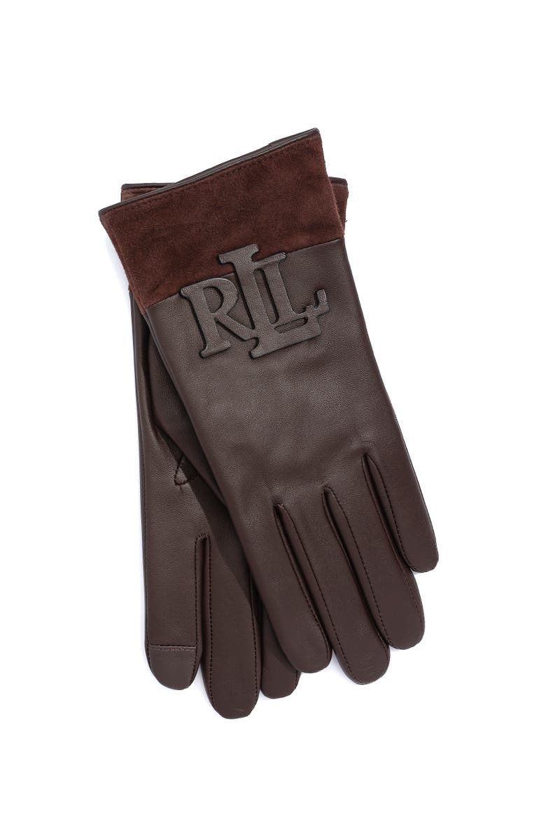 raised logo leather touch glove, Alternate, color, country brown