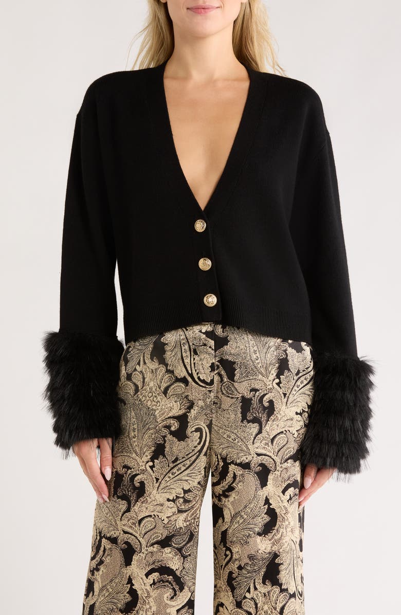 Alice + Olivia Bradley Faux Fur Cuff Wool Blend Crop Cardigan, Main, color, 