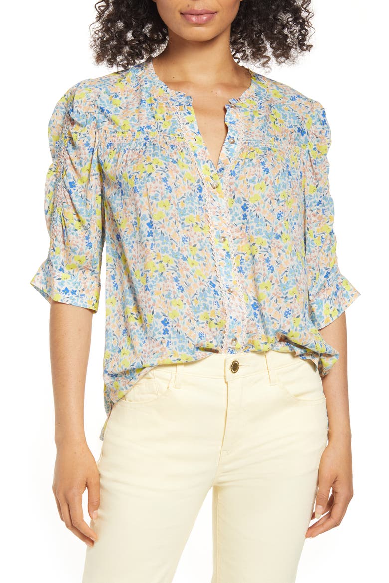 Smocked Elbow Sleeve Blouse, Main, color, BLUSH/ SKYWAY MULTI