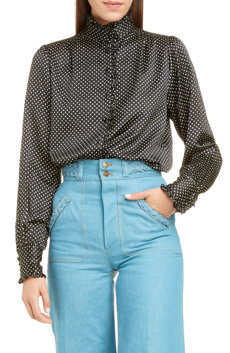 Runway Marc Jacobs Ruffle Trim Polka Dot Silk Blouse, Main, color,