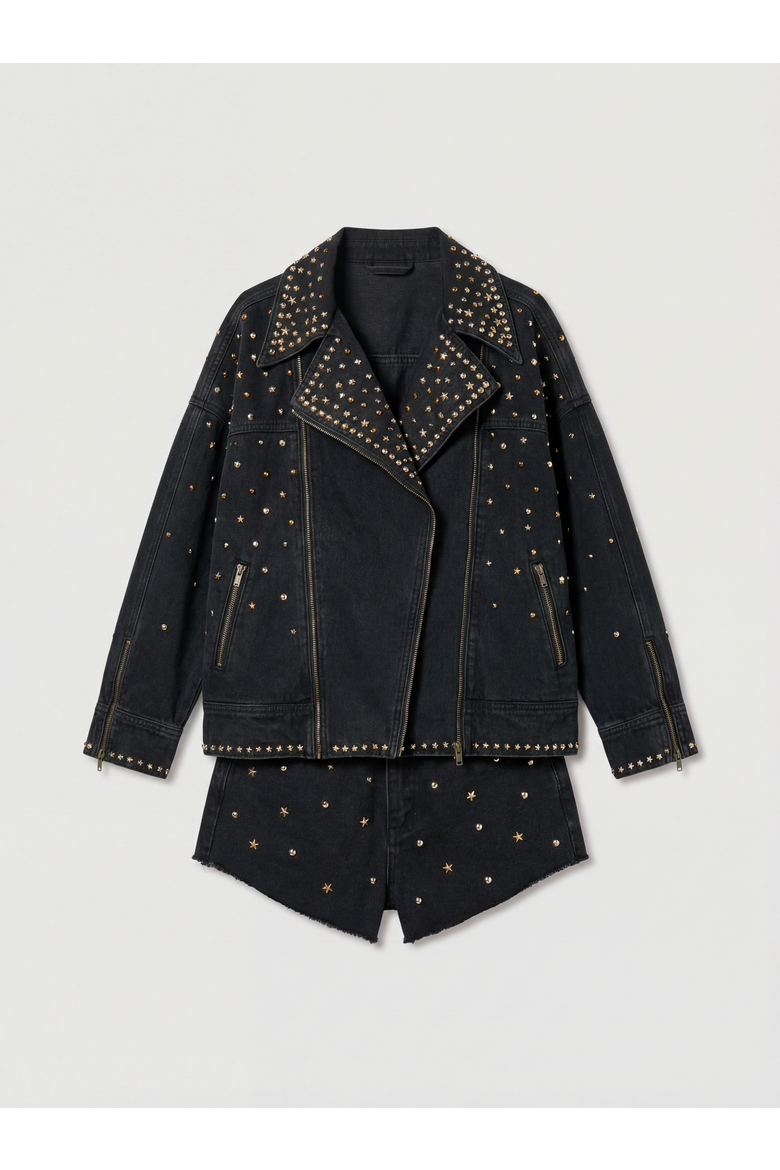 Studded Denim Biker Jacket, Alternate, color, Black