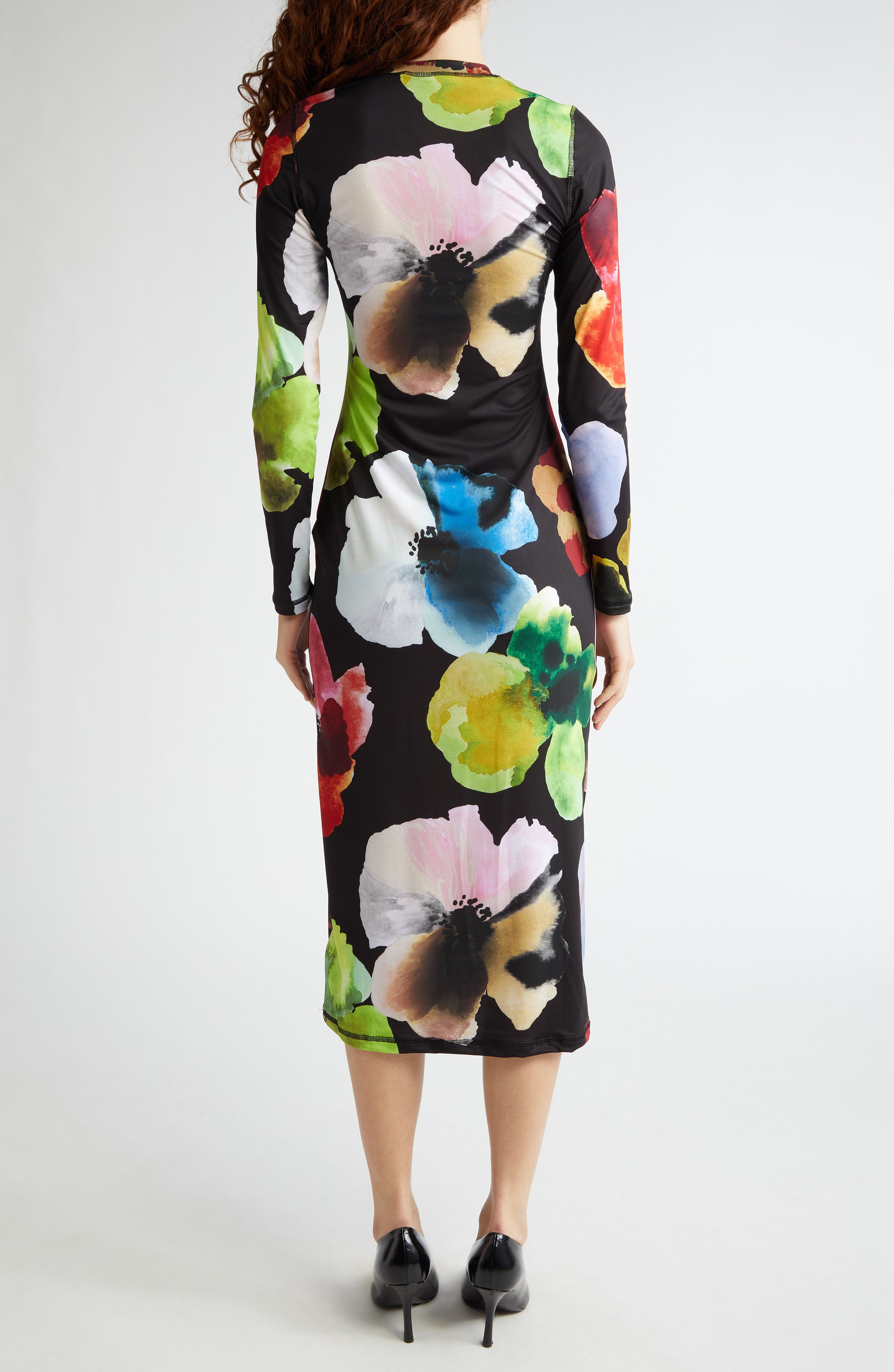 Print Long Sleeve Body-Con Stretch Jersey Midi Dress - image 2