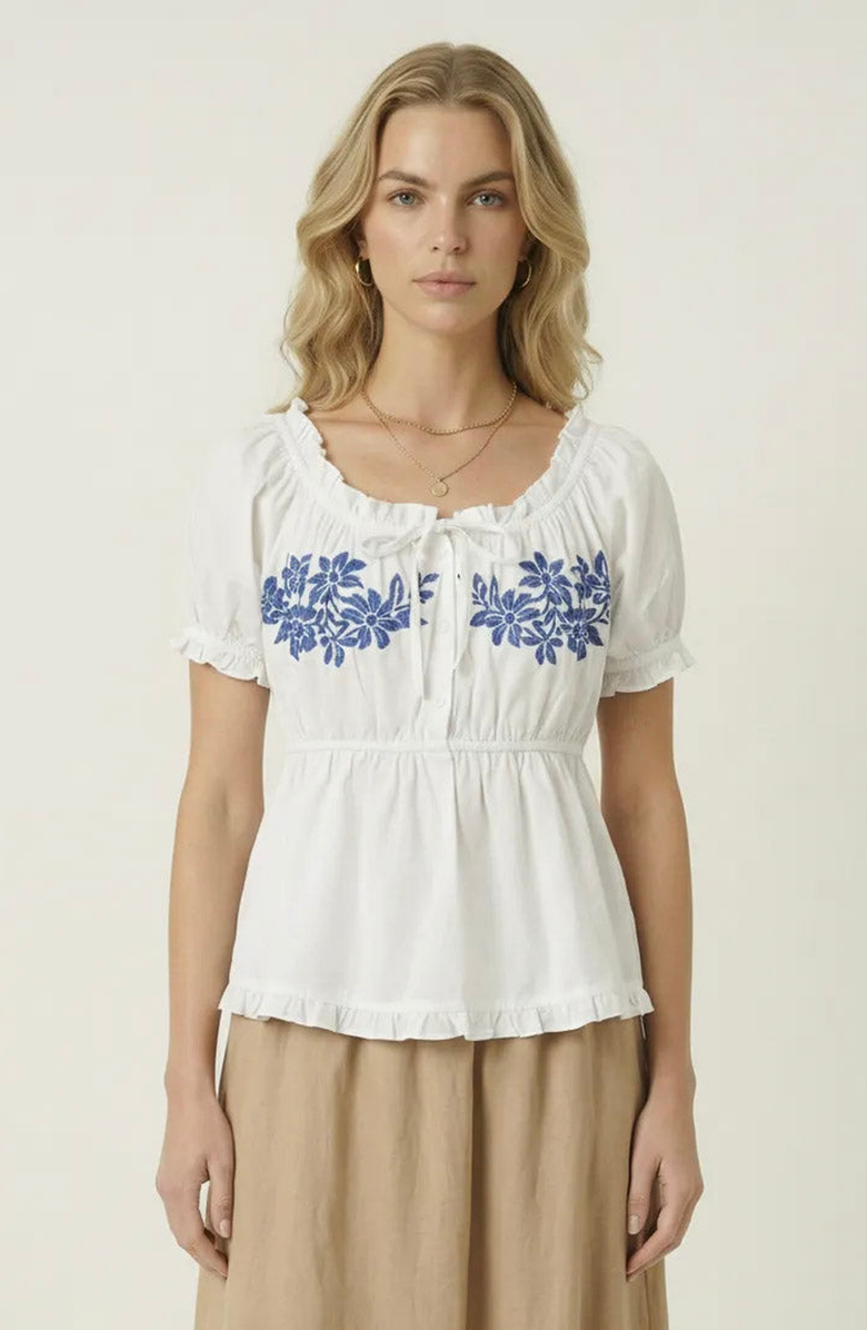 Modenaire Embroidered Ruffle Trim Peplum Blouse, Main, color, White