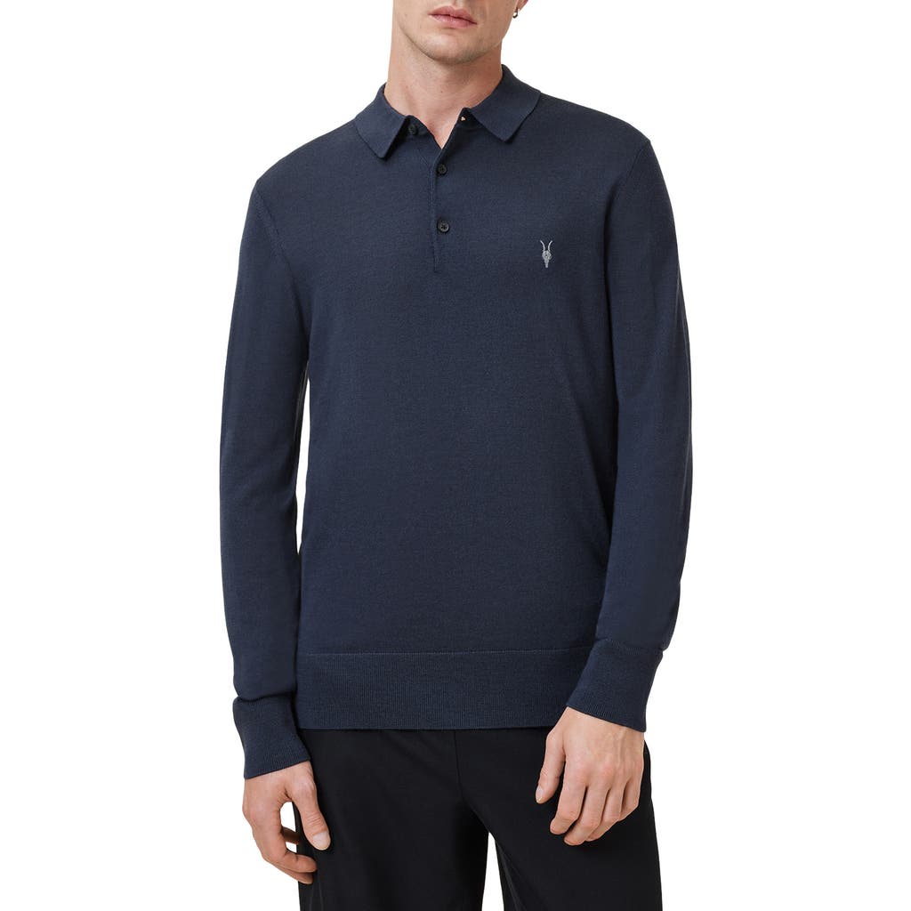Allsaints Mode Regular Fit Merino Wool Long Sleeve Polo Sweater In Blue
