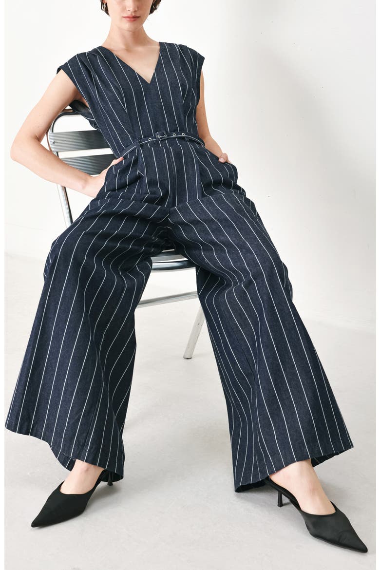 Striped Wide Leg Jumpsuit, Alternate, color, DARK DENIM
