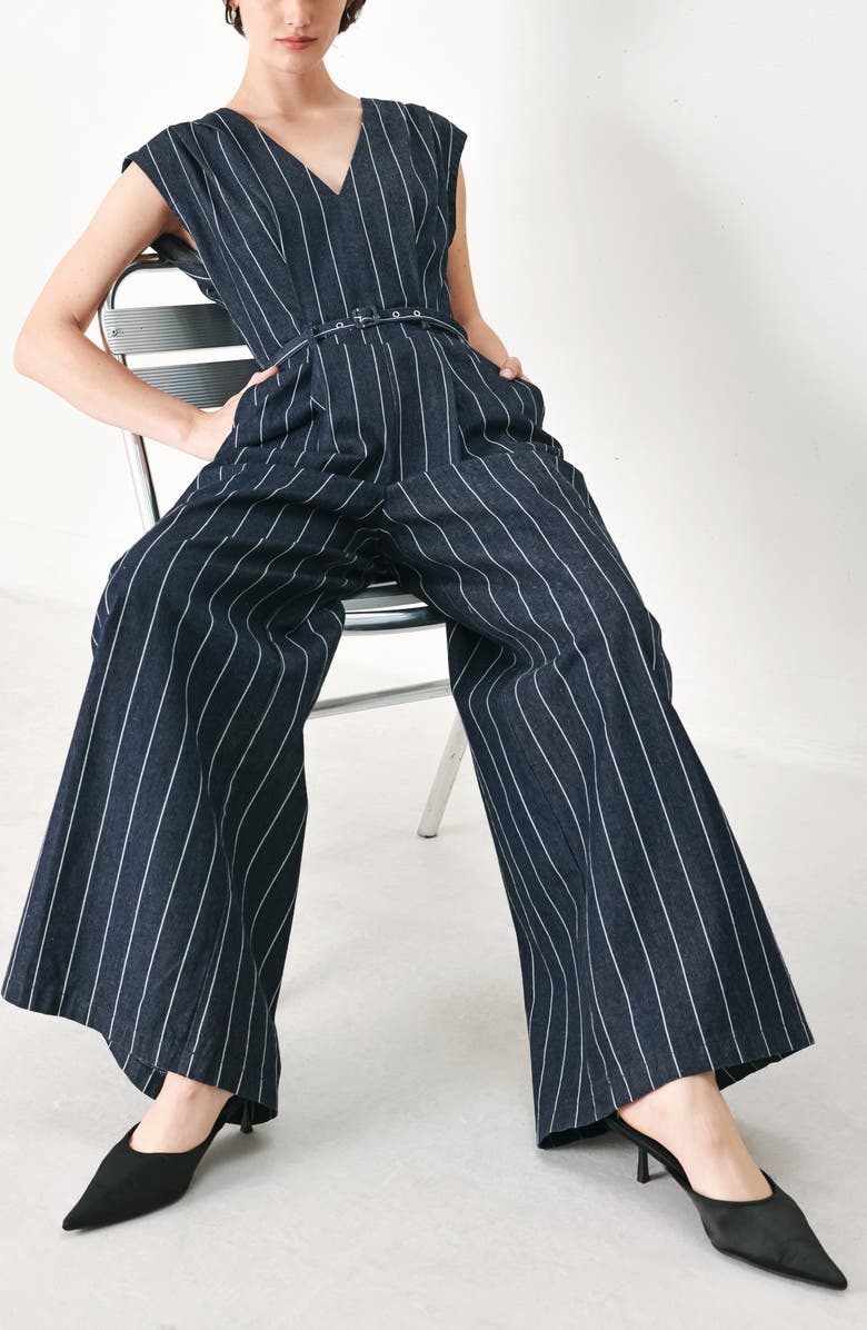 FREEMARKET Striped Wide Leg Jumpsuit, Alternate, color, Dark Denim