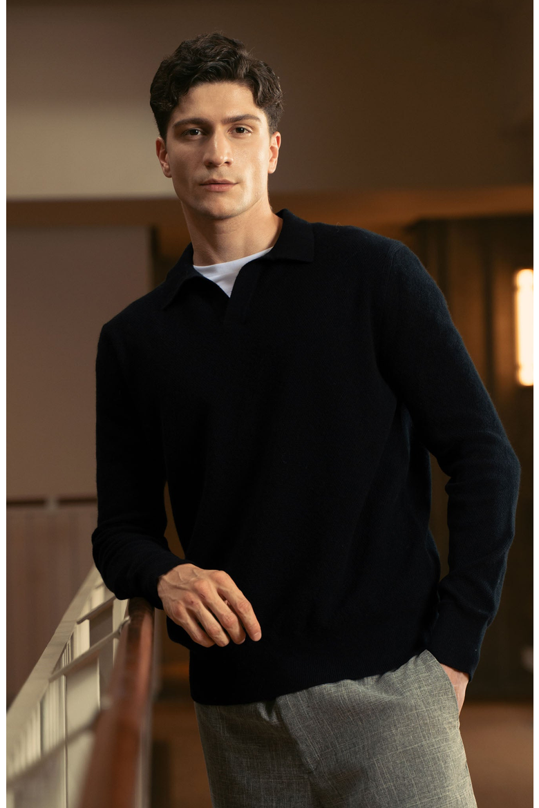 Olivier Birdseye Cashmere Long Sleeve Polo, Alternate, color, Black