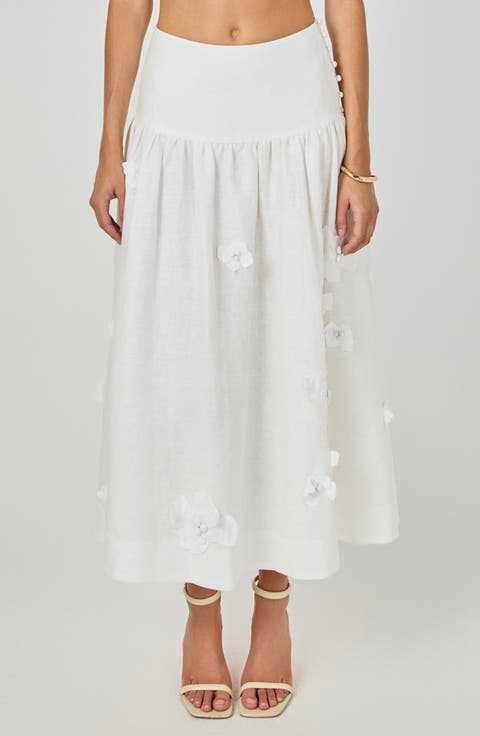 Floral Detail Linen Midi Skirt