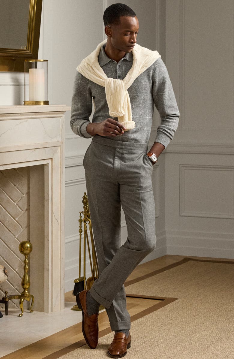 Ralph Lauren Purple Label Windowpane Plaid Cashmere Polo Sweater, Alternate, color, Grey Multi